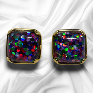 Vintage Y2K Gold Tone Multicolor Glitter Square Pierced Earrings New Wave Punk